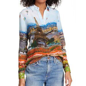Alice + Olivia Willa Eiffel Tower Emily in Paris Shirt Blouse Silk Floral S